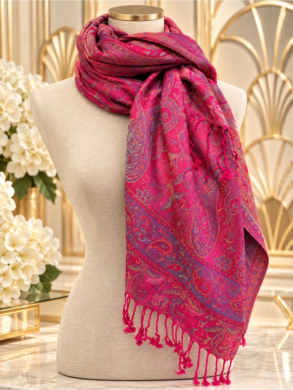 🆕🔥Elegant Fuschia Pashmina Paisley Fringe Scarf -